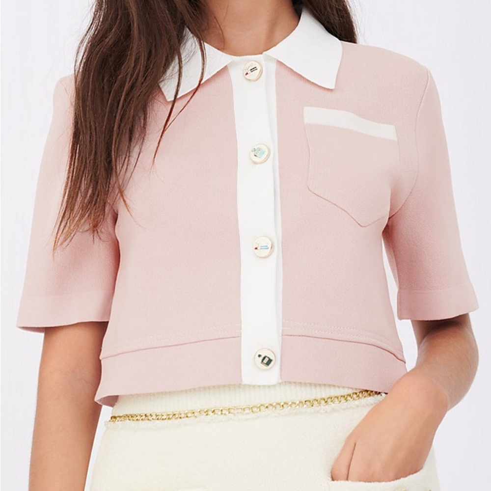 Maje Pink Short-Sleeve Crop Top with White Trim